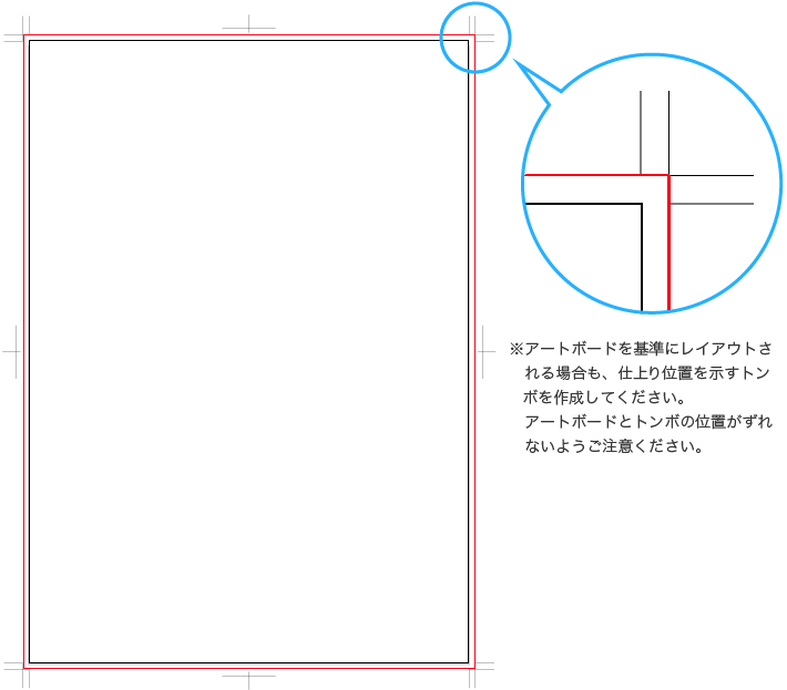 ※アートボードを基準にレイアウトされる場合も、仕上り位置を示すトンボを作成してください。アートボードとトンボの位置がずれないようご注意ください。