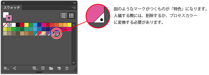 図のようなマークがつくものが「特色」になります。入稿する際には、削除するか、プロセスカラーに変換する必要があります。